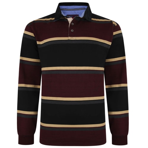 KAM Long Sleeve Striped Heavy Jersey Polo Shirt Black